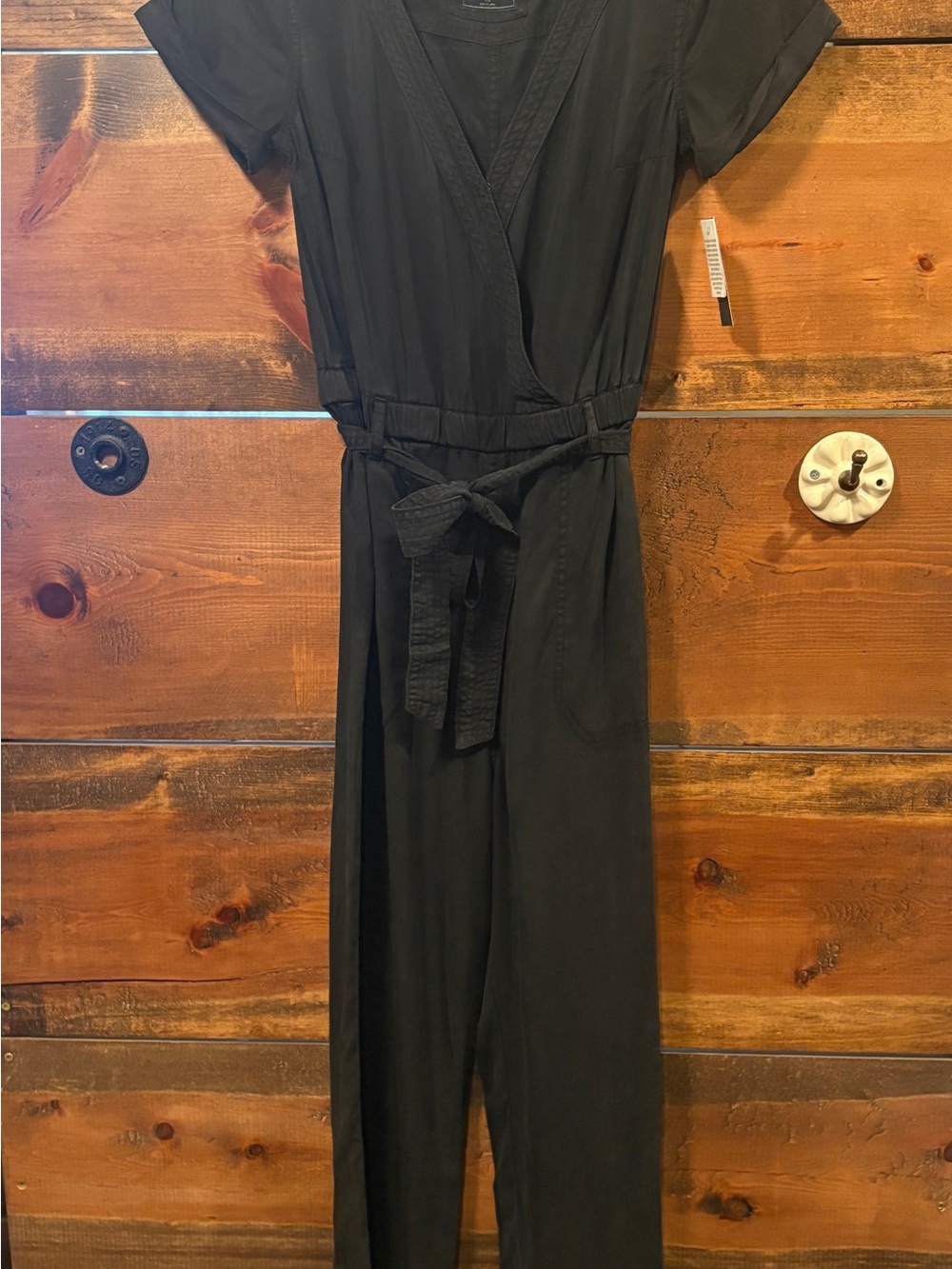 Abercrombie & Fitch Black Short-Sleeve V-Neck Jumpsuit with Tie Waist